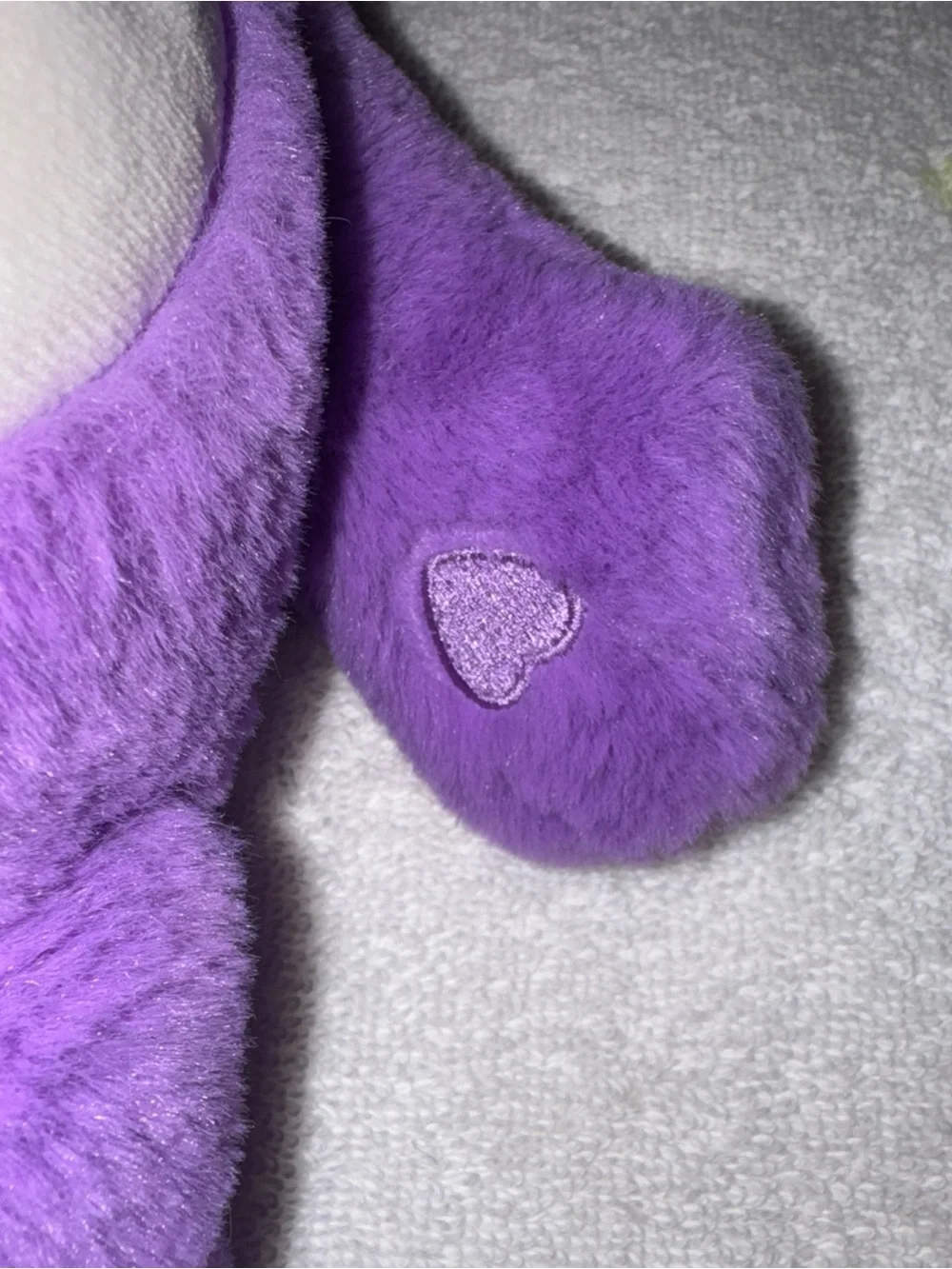 Care Bears Purple Plush with Pink & Blue Heart Lollipop Belly Badge